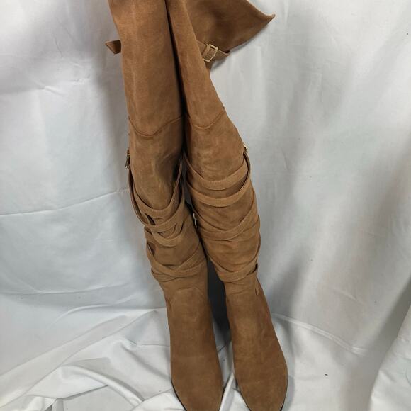 Sam Edelman Tan Suede OTK Boots 7 Leather Heel Wrap Strap Tall Zip Buckle - Picture 5 of 16